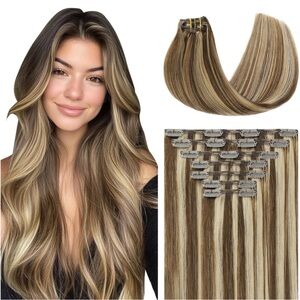 Chocolate Brown Caramel Blonde Highlight Human Hair 18” Clip In Extensions